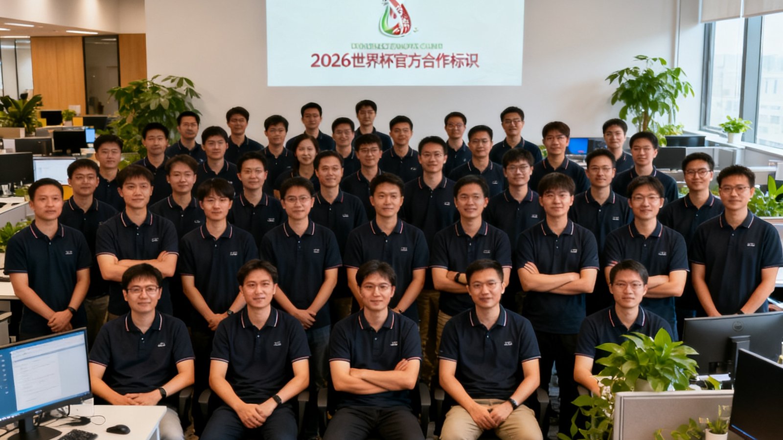 世界杯官网深圳总部120人团队在开放式办公区的大合影，背景墙投影着2026世界杯官方合作标识，团队成员身着统一深色Polo衫，氛围专注而充满活力