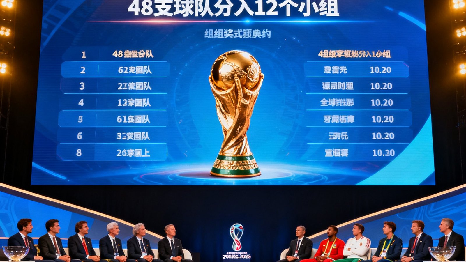 2026年世界杯分组抽签仪式在纽约举行，巨大的电子屏显示48支球队分入12个小组，金色奖杯置于舞台中央，各国教练神情专注