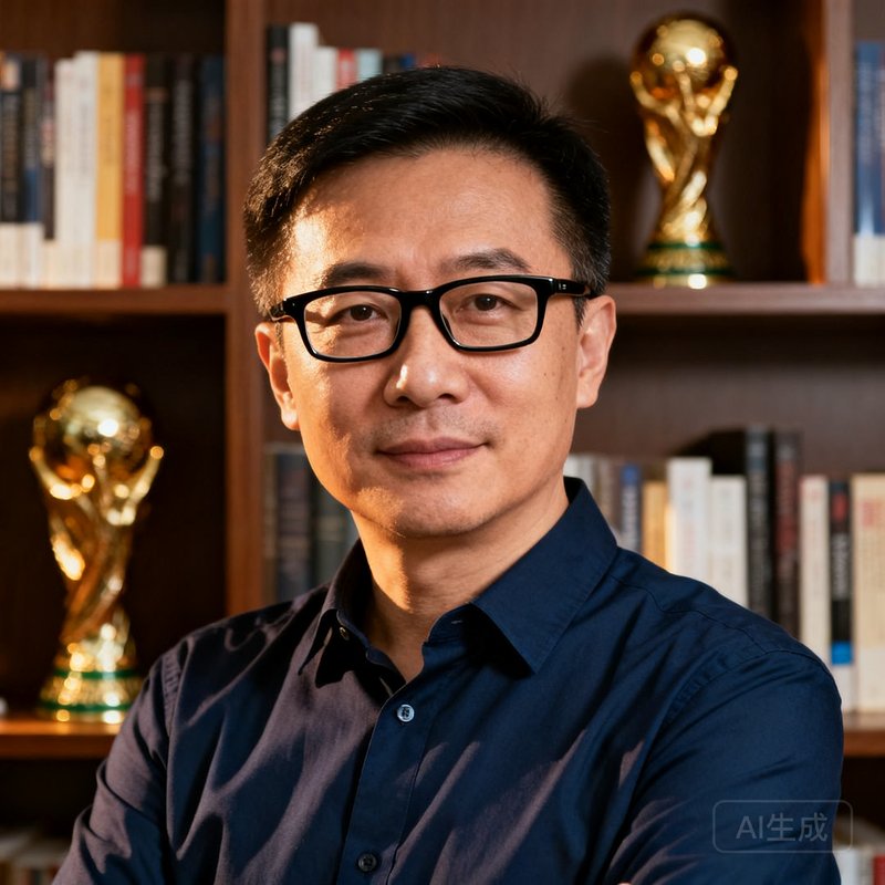 陈志远总编辑，46岁，前路透社体育记者，戴黑框眼镜，穿深蓝衬衫，背景是书架和世界杯纪念品