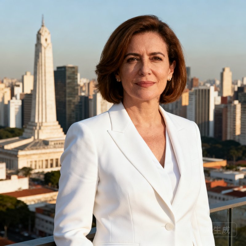 Maria Santos副主编，39岁，曾任ESPN拉美频道制片人，棕色短发，穿白色西装，身后是圣保罗城市天际线