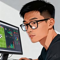 一位28岁左右的中国年轻男性球迷头像，戴着黑框眼镜，坐在电脑前浏览足球数据，神情专注